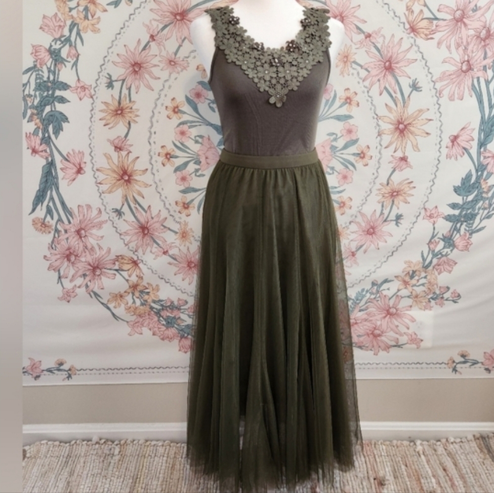 Olive Green Maxi Skirt  J Fashion Axes Femme Mori Kei Nature Girl fairy  c